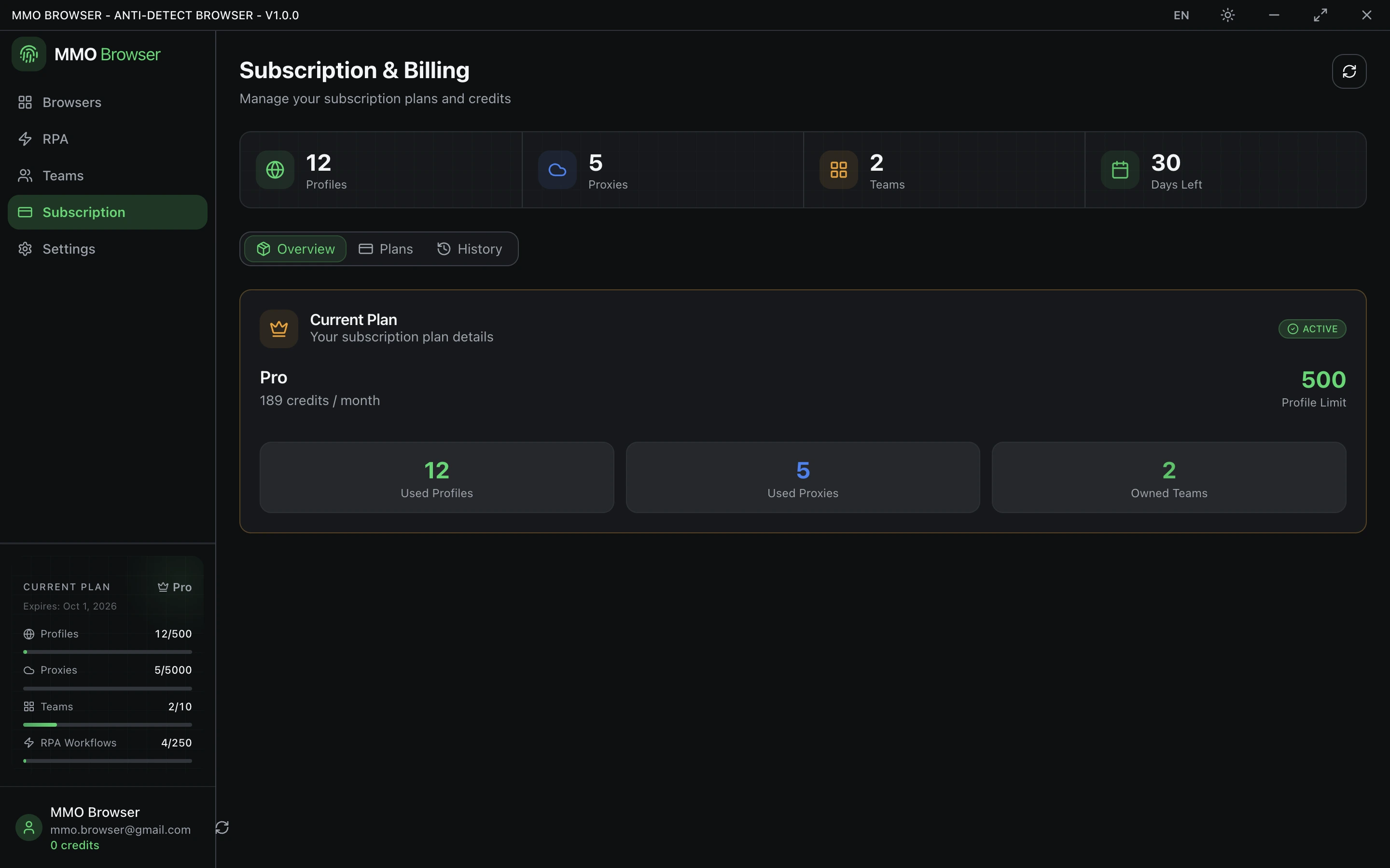 The Subscription screen showing the current plan and how much of each limit is used.