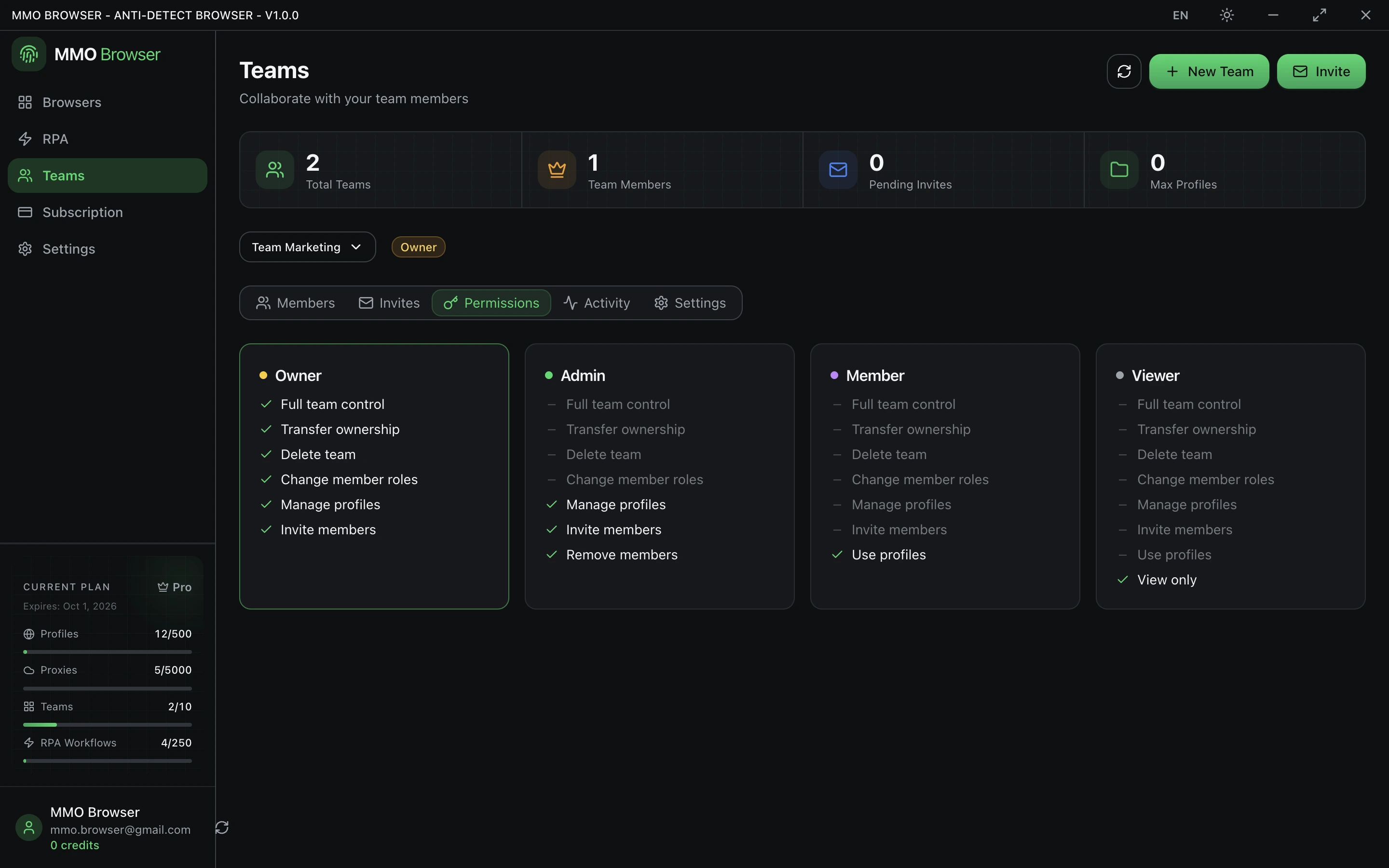 The Permissions tab of the Teams screen.