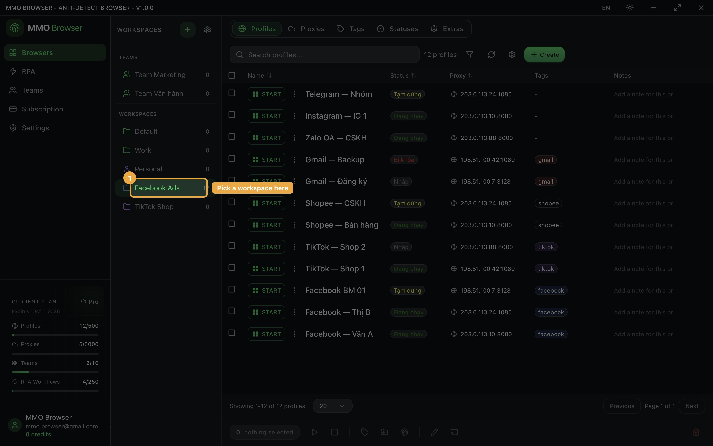 The Browsers screen with the workspace column highlighted and the rest of the window dimmed.